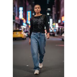 Y2K 90s Vintage Mesh Black Top 3D Floral Rhinestones Grunge Fairycore Sz S